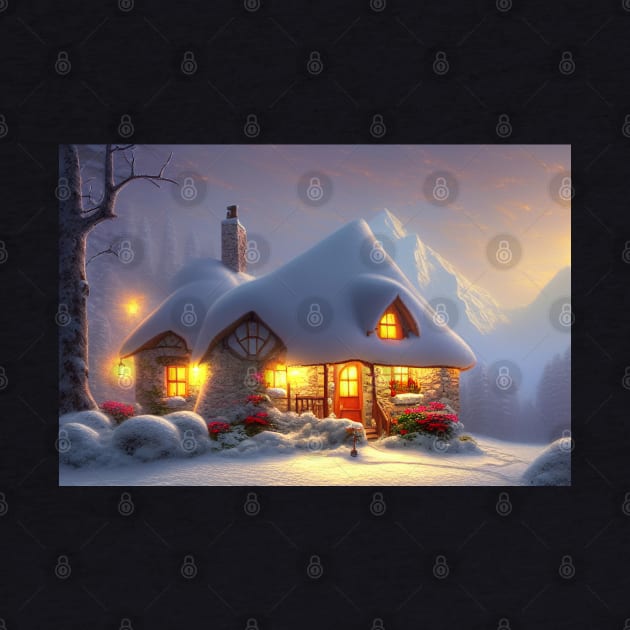 Magical Fantasy House with Lights in a Snowy Scene, Fantasy Cottagecore artwork by Promen Art